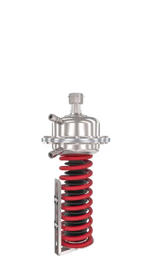Kombination aus Druckminderer und Feder, hergestellt von Danfoss, mit Metallgehäuse, zwei Anschlussstellen und Rot-Schwarzer Feder im verchromten Rack.